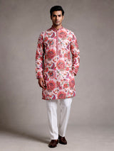 Off white modal silk floral printed mens kurta with sequin jaal
