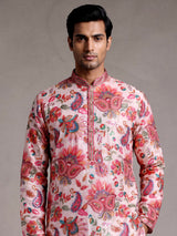 Off white modal silk floral printed mens kurta with sequin jaal
