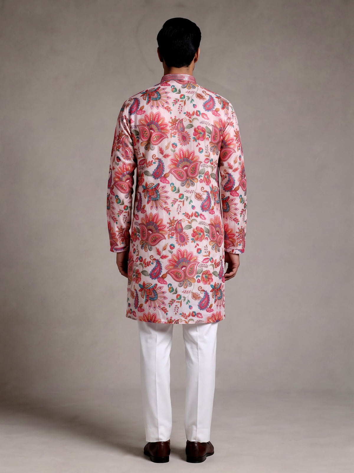 Off white modal silk floral printed mens kurta with sequin jaal