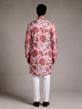 Off white modal silk floral printed mens kurta with sequin jaal