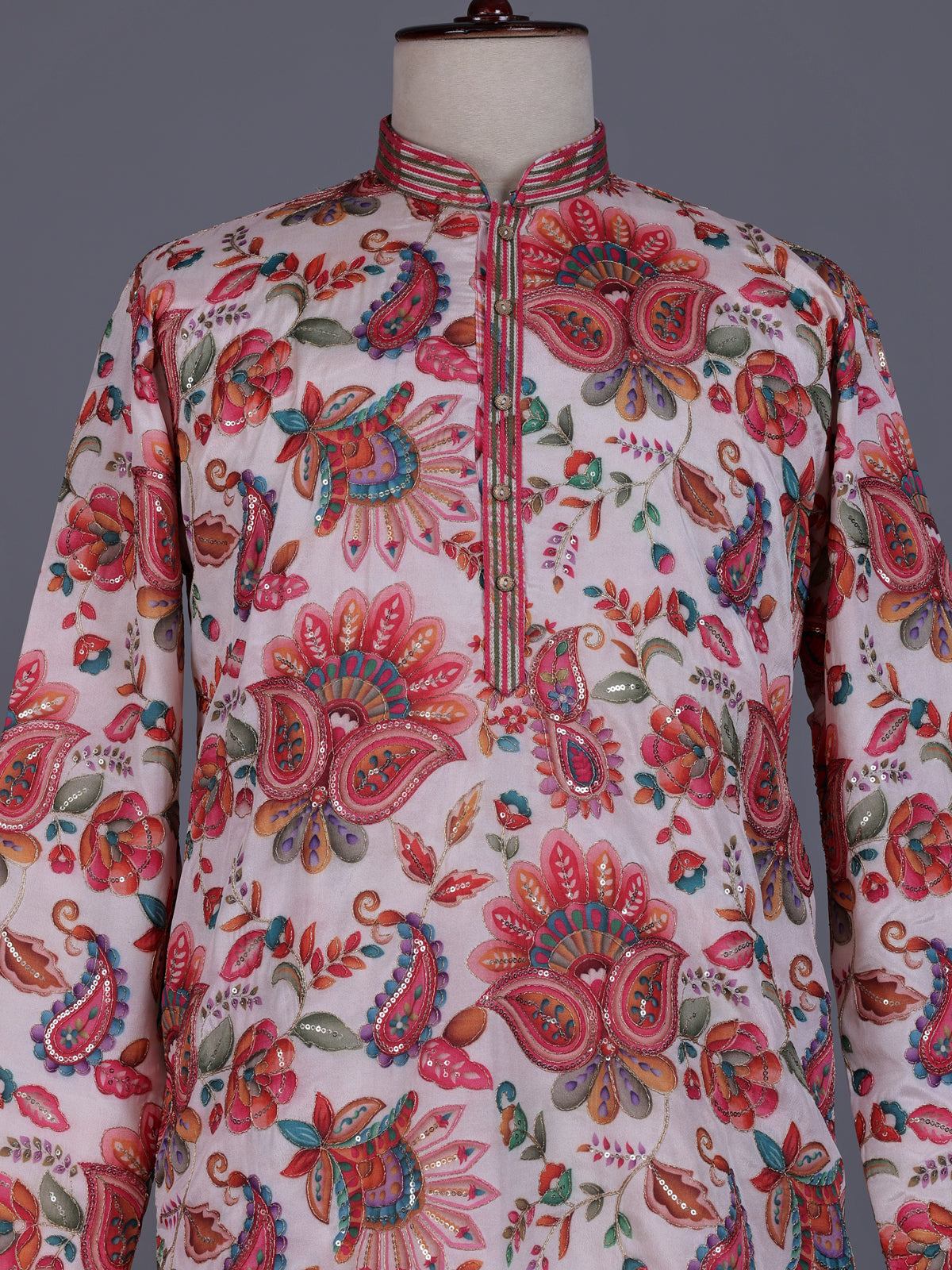 Off white modal silk floral printed mens kurta with sequin jaal