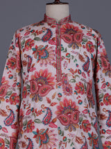Off white modal silk floral printed mens kurta with sequin jaal