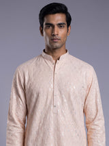 Peach modal silk mens kurta with chikankari-inspired sequin embroidery