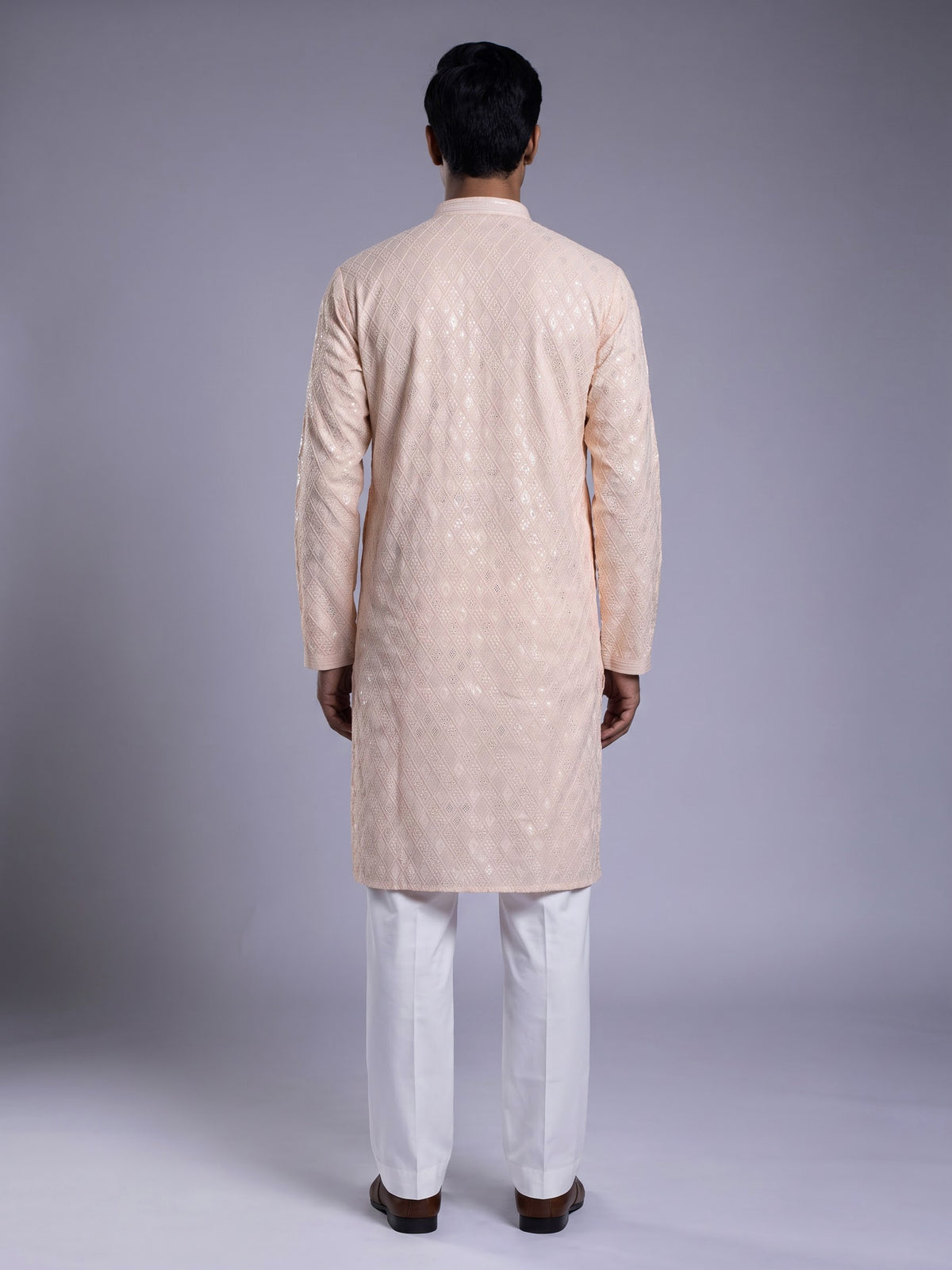 Peach modal silk mens kurta with chikankari-inspired sequin embroidery