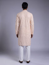 Peach modal silk mens kurta with chikankari-inspired sequin embroidery