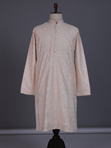 Peach modal silk mens kurta with chikankari-inspired sequin embroidery