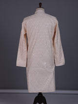 Peach modal silk mens kurta with chikankari-inspired sequin embroidery