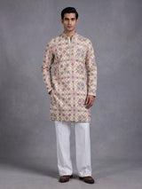 Cream chanderi silk mens kurta with kaleidoscopic floral sequin embroidery