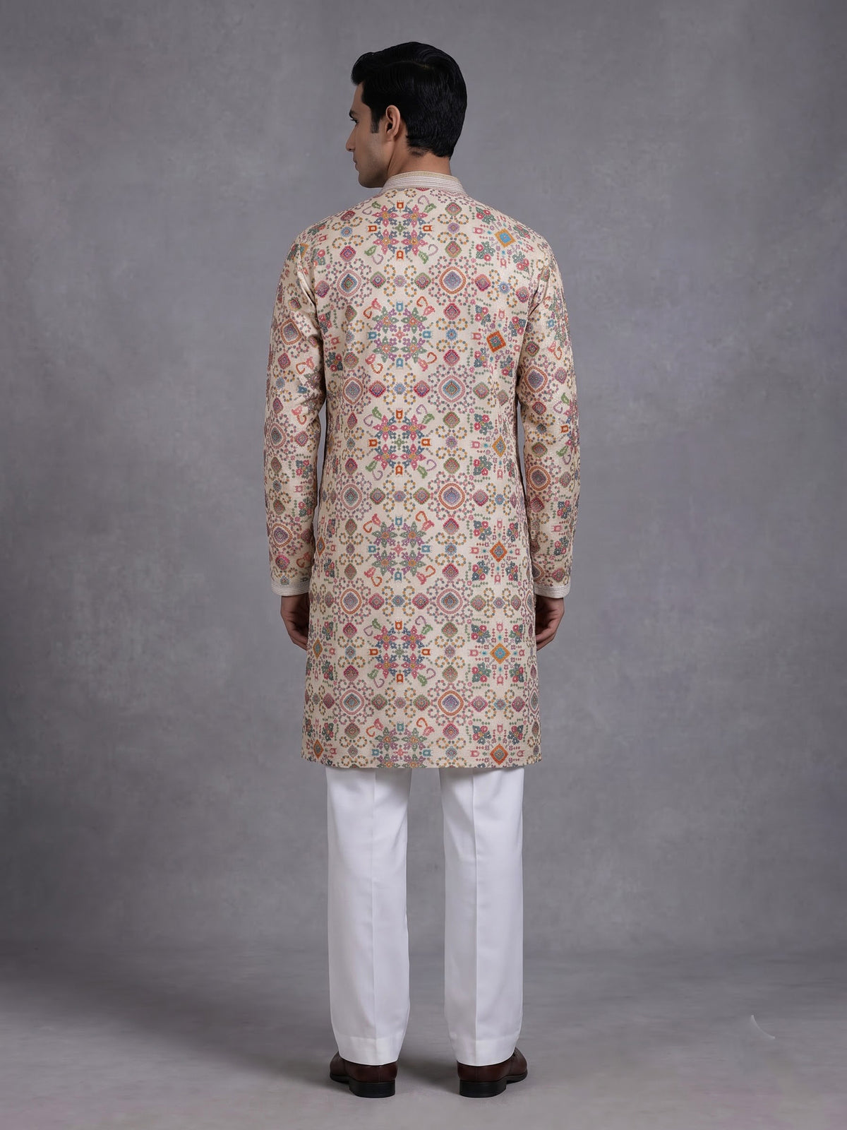 Cream chanderi silk mens kurta with kaleidoscopic floral sequin embroidery