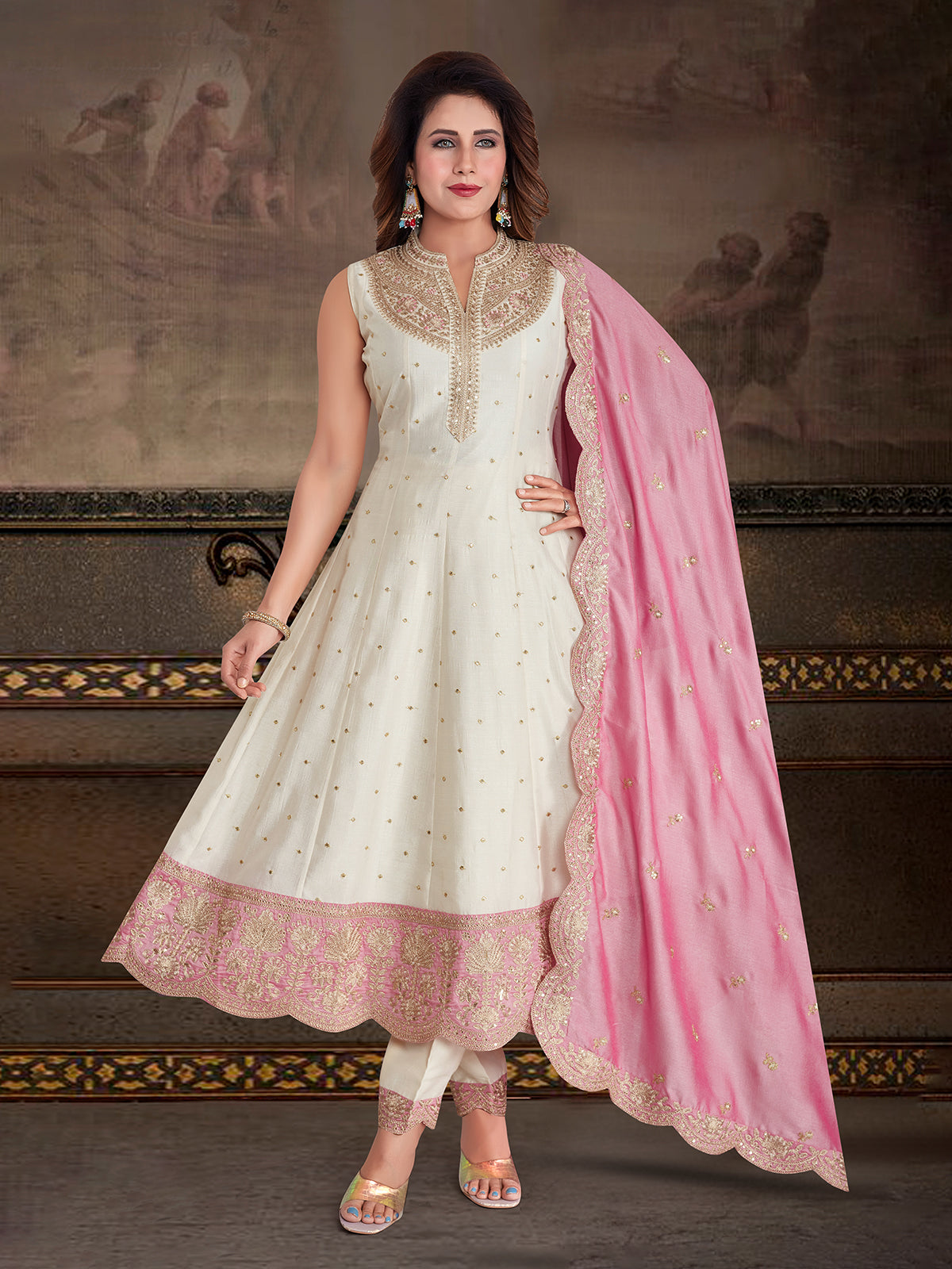 Off white silk festive wear salwar suit for women