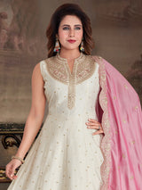 Off white silk festive wear salwar suit for women