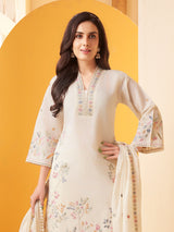 Off white cotton straight cut salwar suit with embroidery