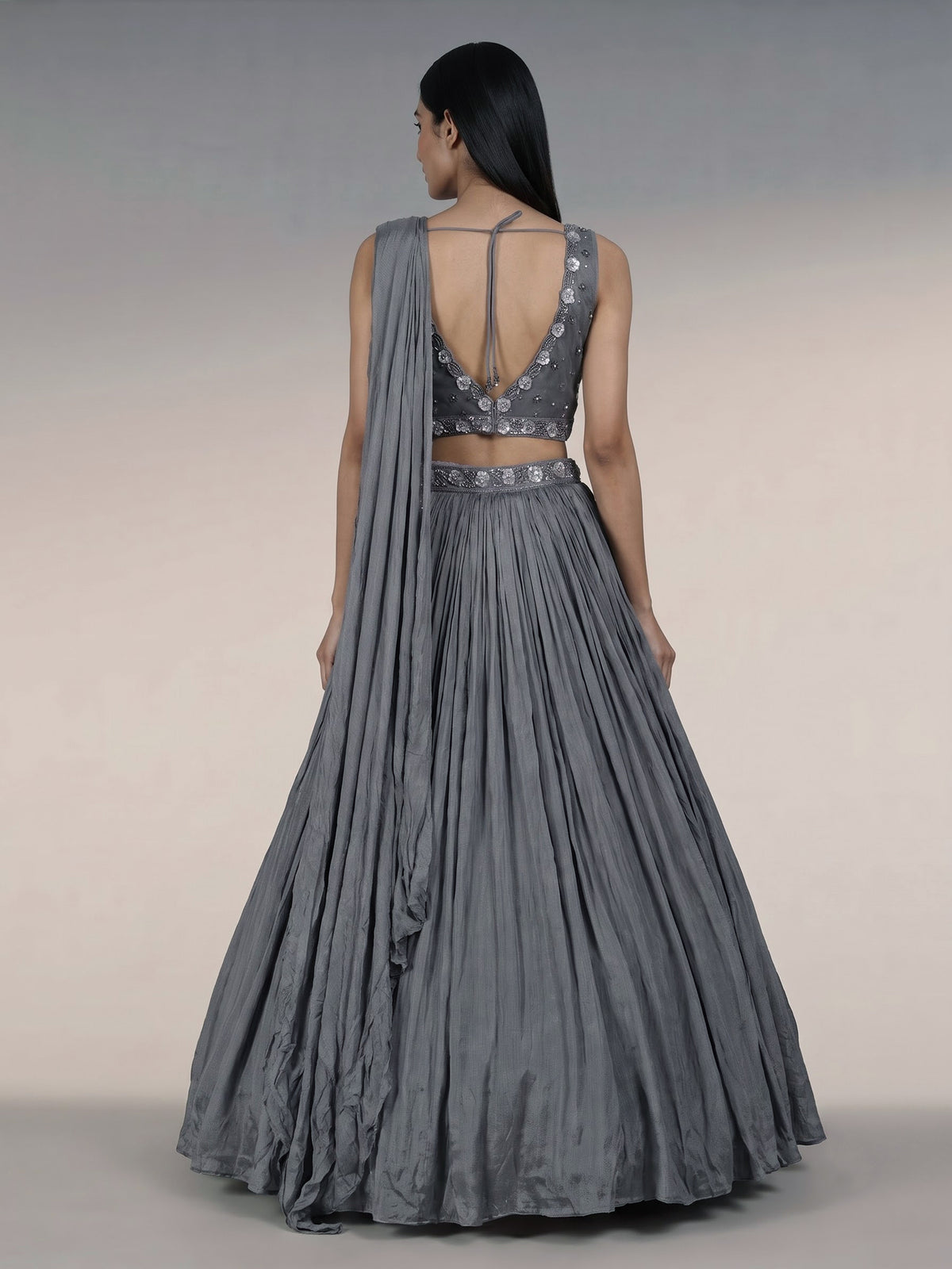 Grey chiffon georgette lehenga choli with diamond embellishments