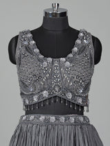 Grey chiffon georgette lehenga choli with diamond embellishments