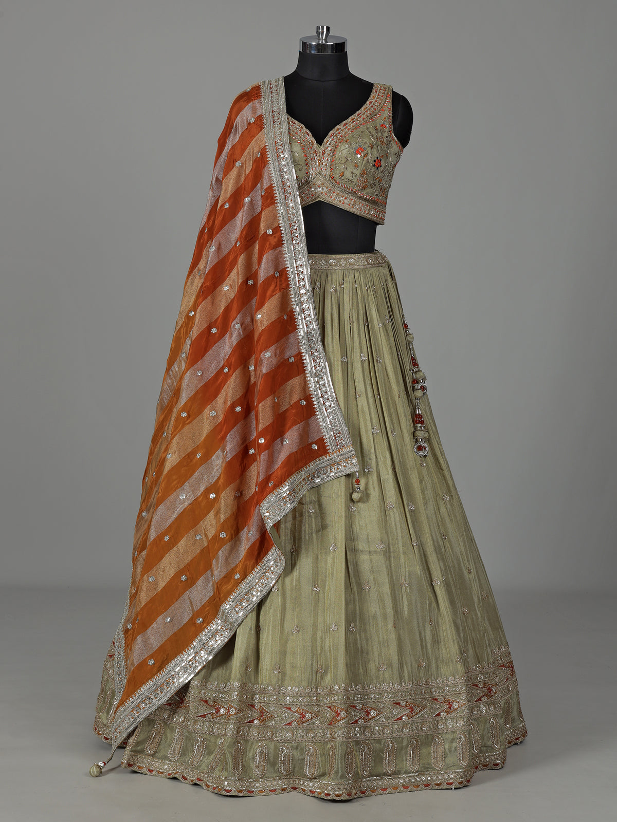 Pista green wedding wear lehenga choli in silk