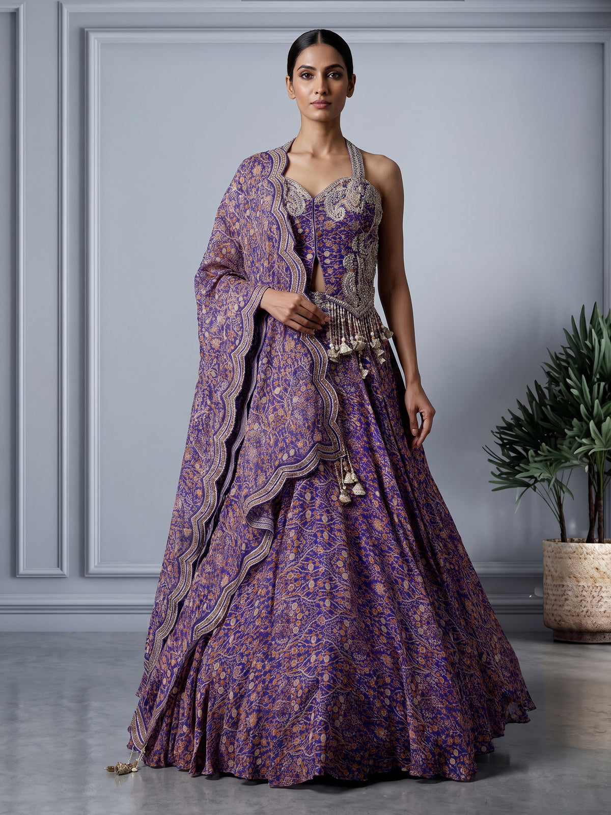 Blue georgette printed lehenga choli with embellished tassels