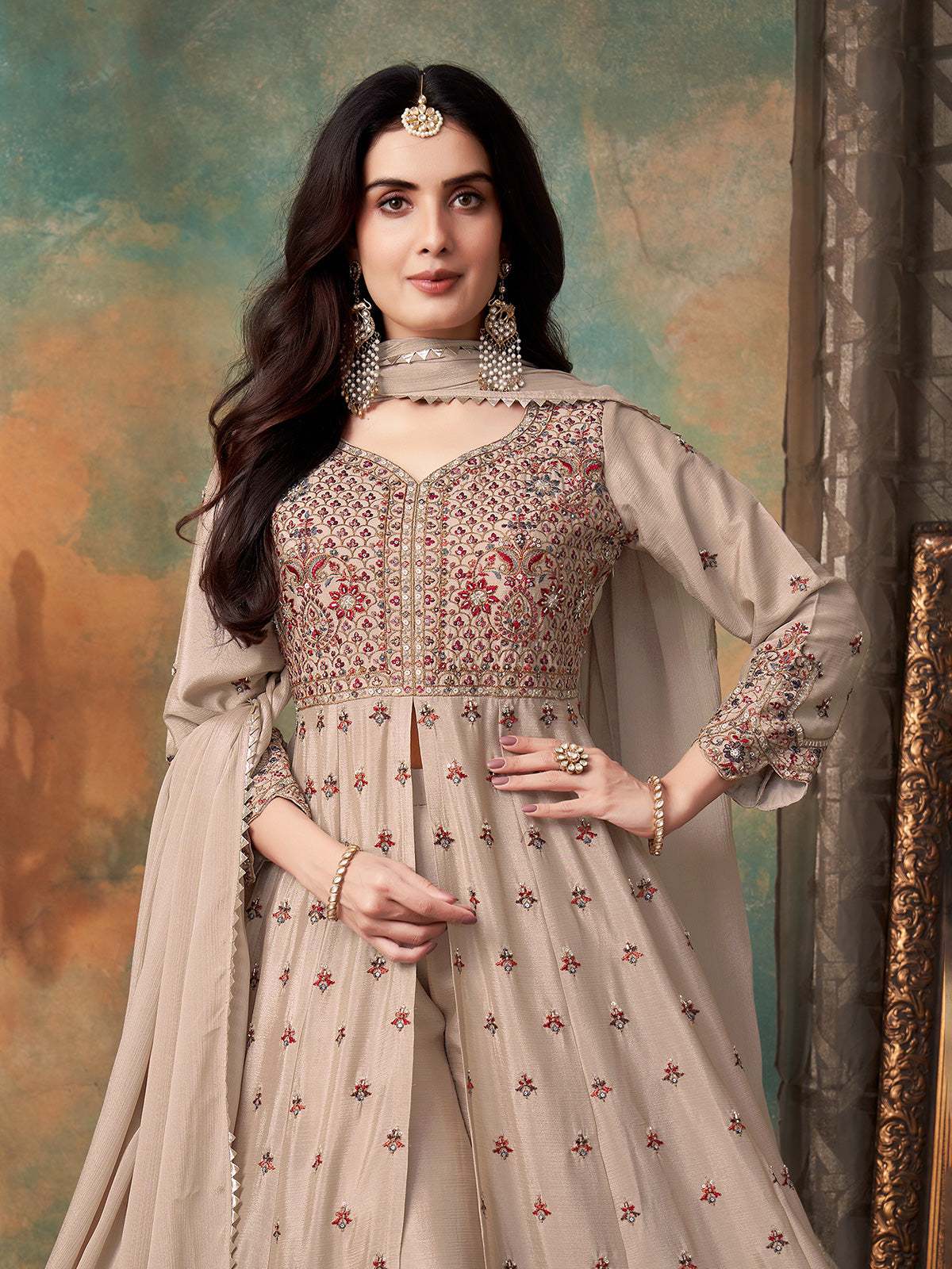 Pastel beige chiffon georgette anarkali palazzo suit for festival