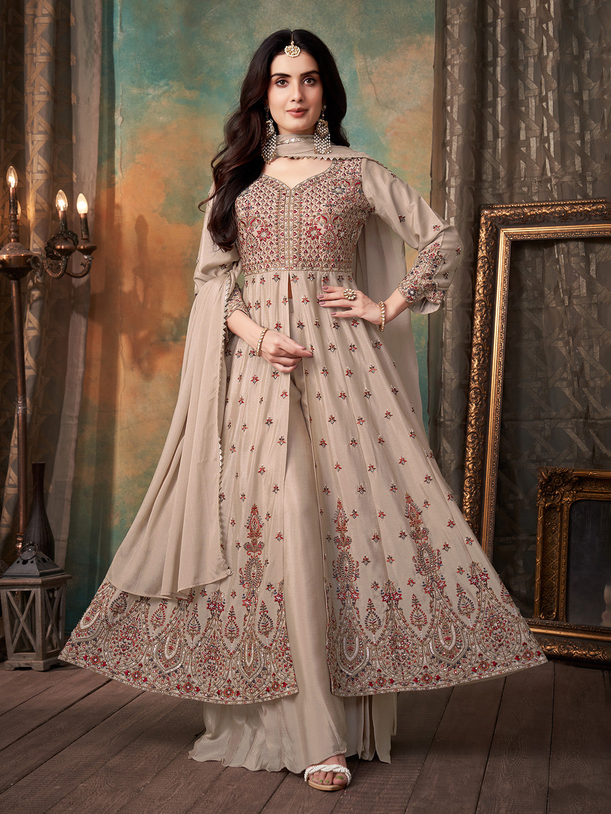 Pastel beige chiffon georgette anarkali palazzo suit for festival