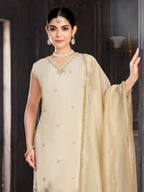 Cream silk salwar suit with V neck suit