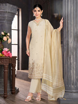 Cream silk salwar suit with V neck suit
