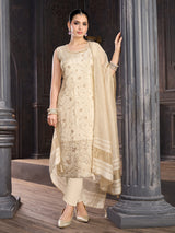 Cream silk salwar suit with embroidered work and zari dupatta