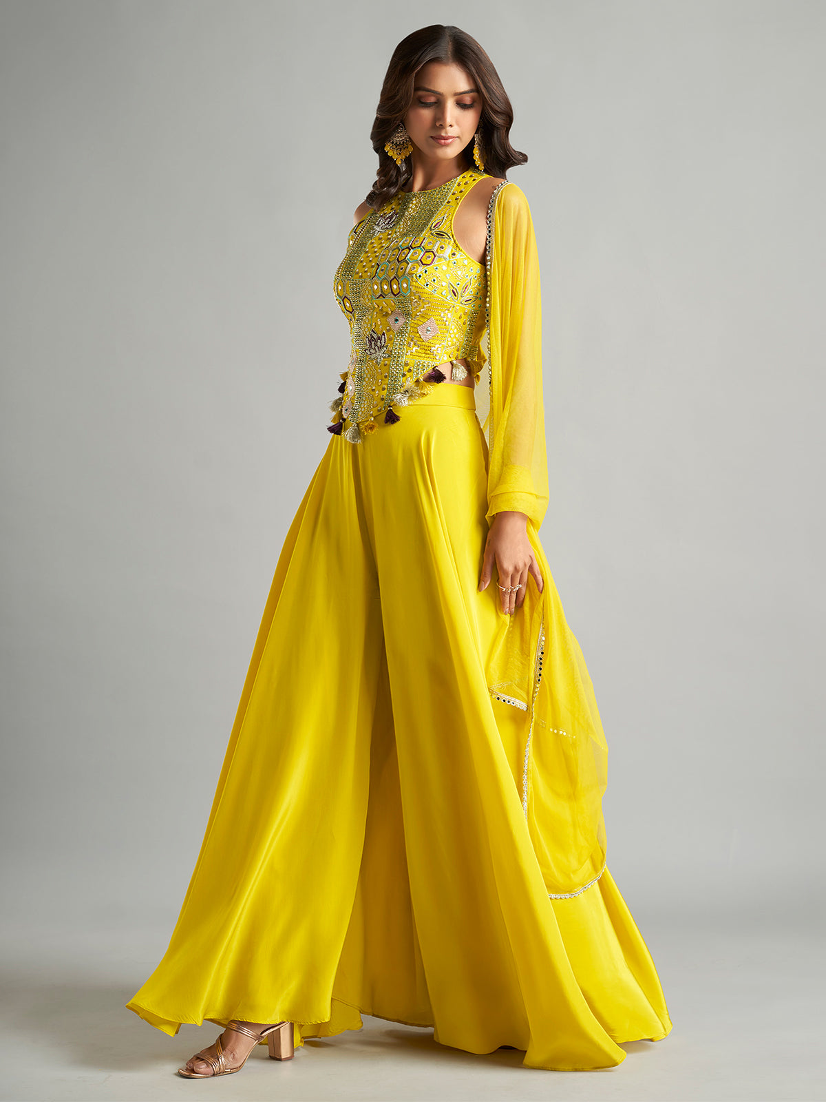 Yellow silk wedding wear palazzo suit with dupatta