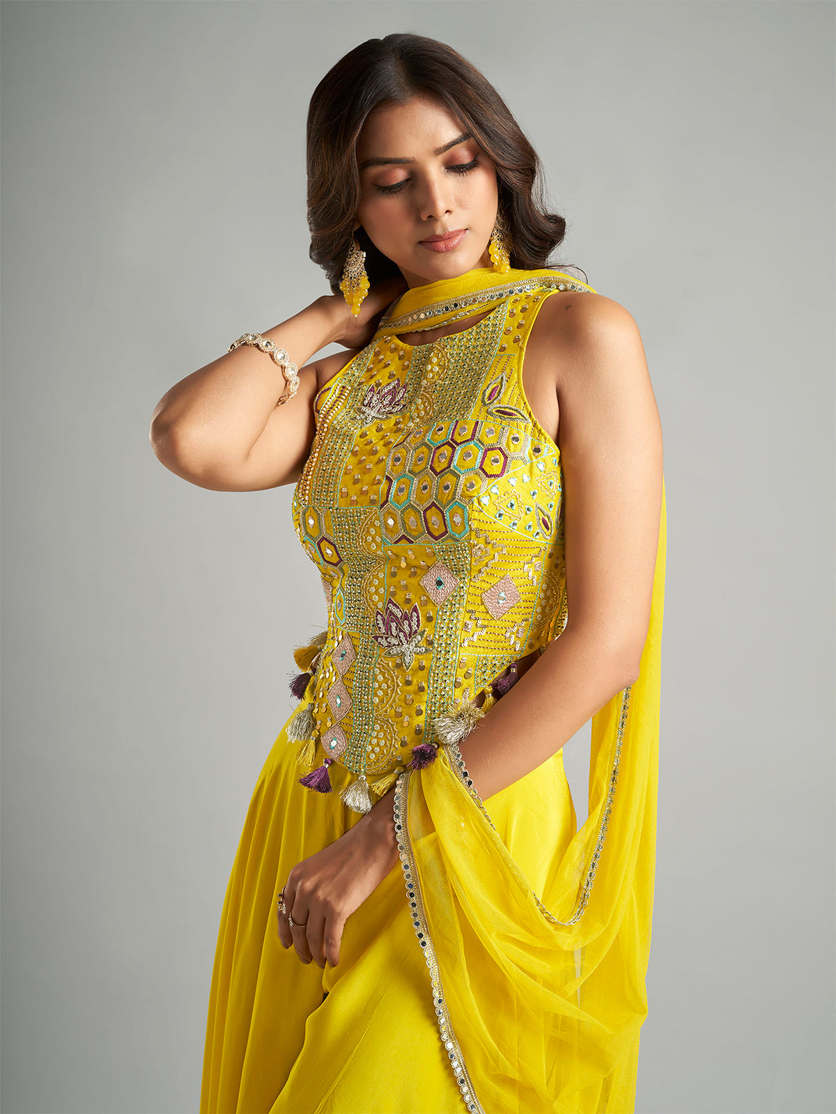 Yellow silk wedding wear palazzo suit with dupatta
