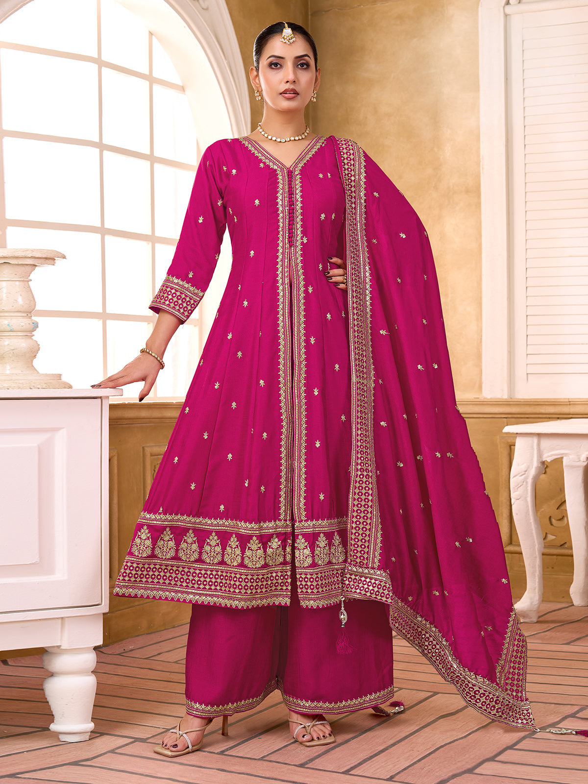 Rani pink silk pakistani anarkali suit with sequins and palazzo pants