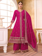 Rani pink silk pakistani anarkali suit with sequins and palazzo pants