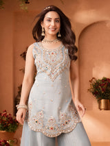 Mint blue chiffon tissue palazzo suit with diamond, cutdana and embroidery