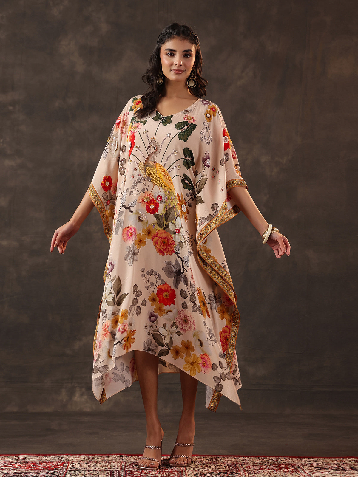 Beige viscose crepe printed kaftan style festive kurti