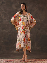 Beige viscose crepe printed kaftan style festive kurti