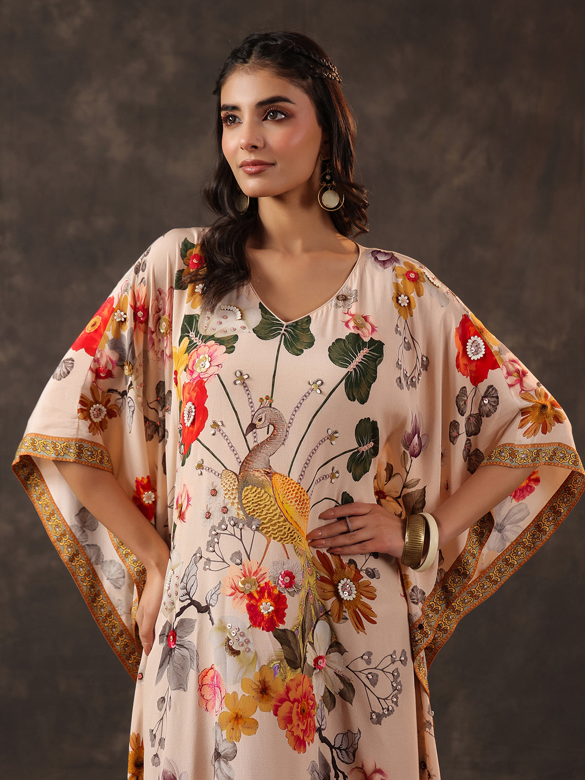 Beige viscose crepe printed kaftan style festive kurti