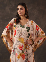 Beige viscose crepe printed kaftan style festive kurti