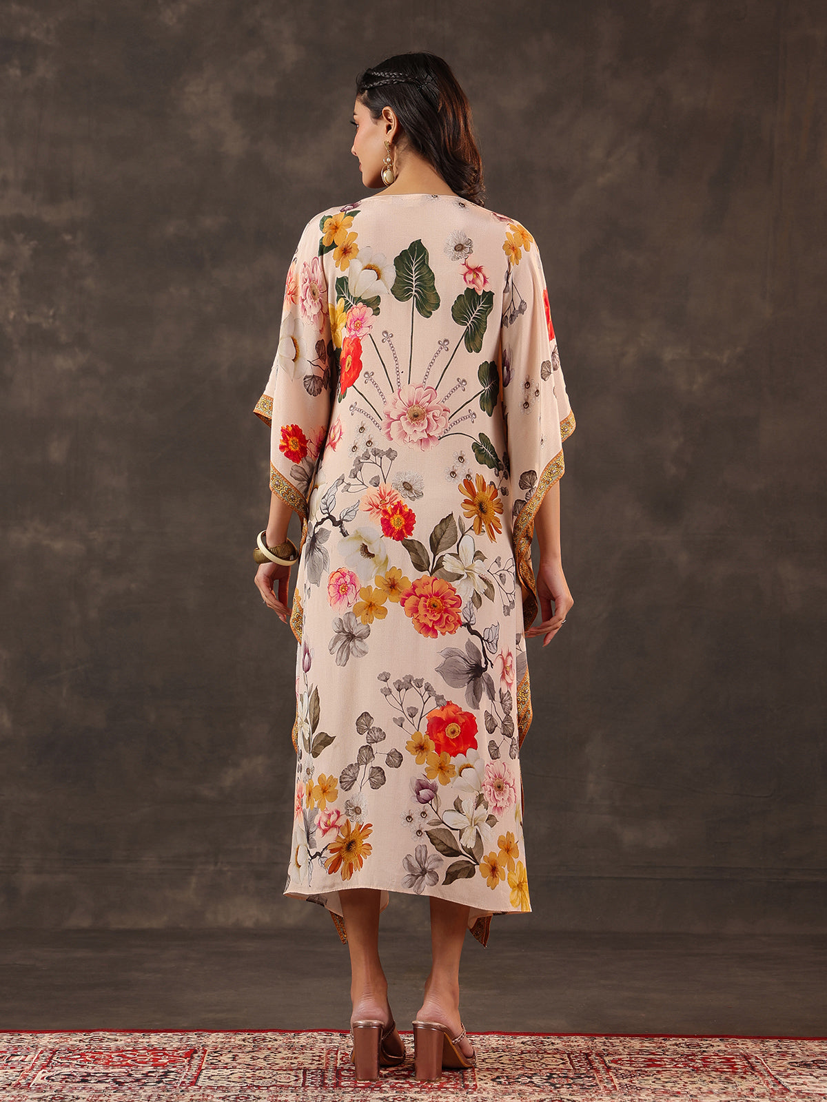 Beige viscose crepe printed kaftan style festive kurti