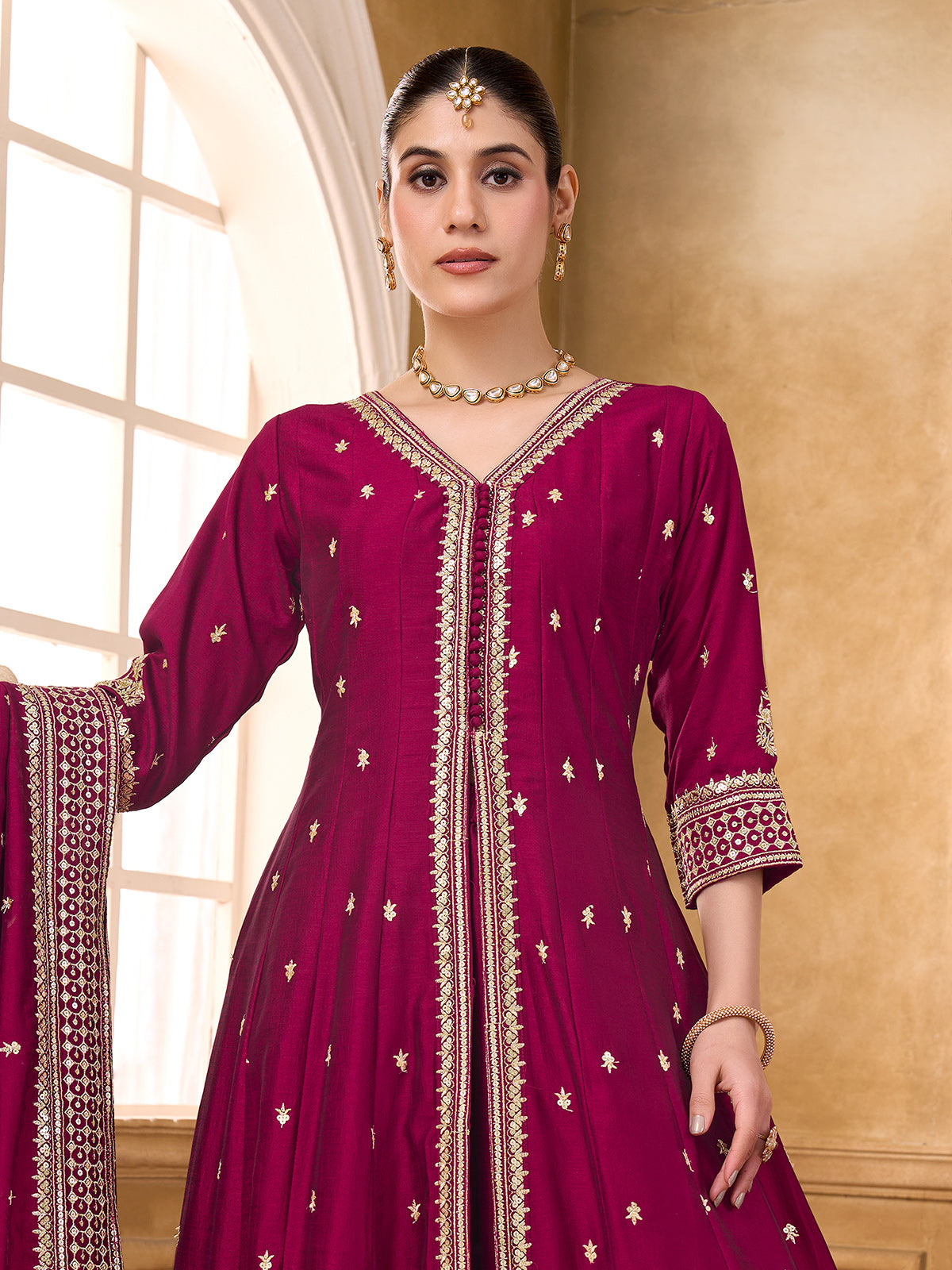 Maroon silk pakistani anarkali suit with embroidered and sequin work