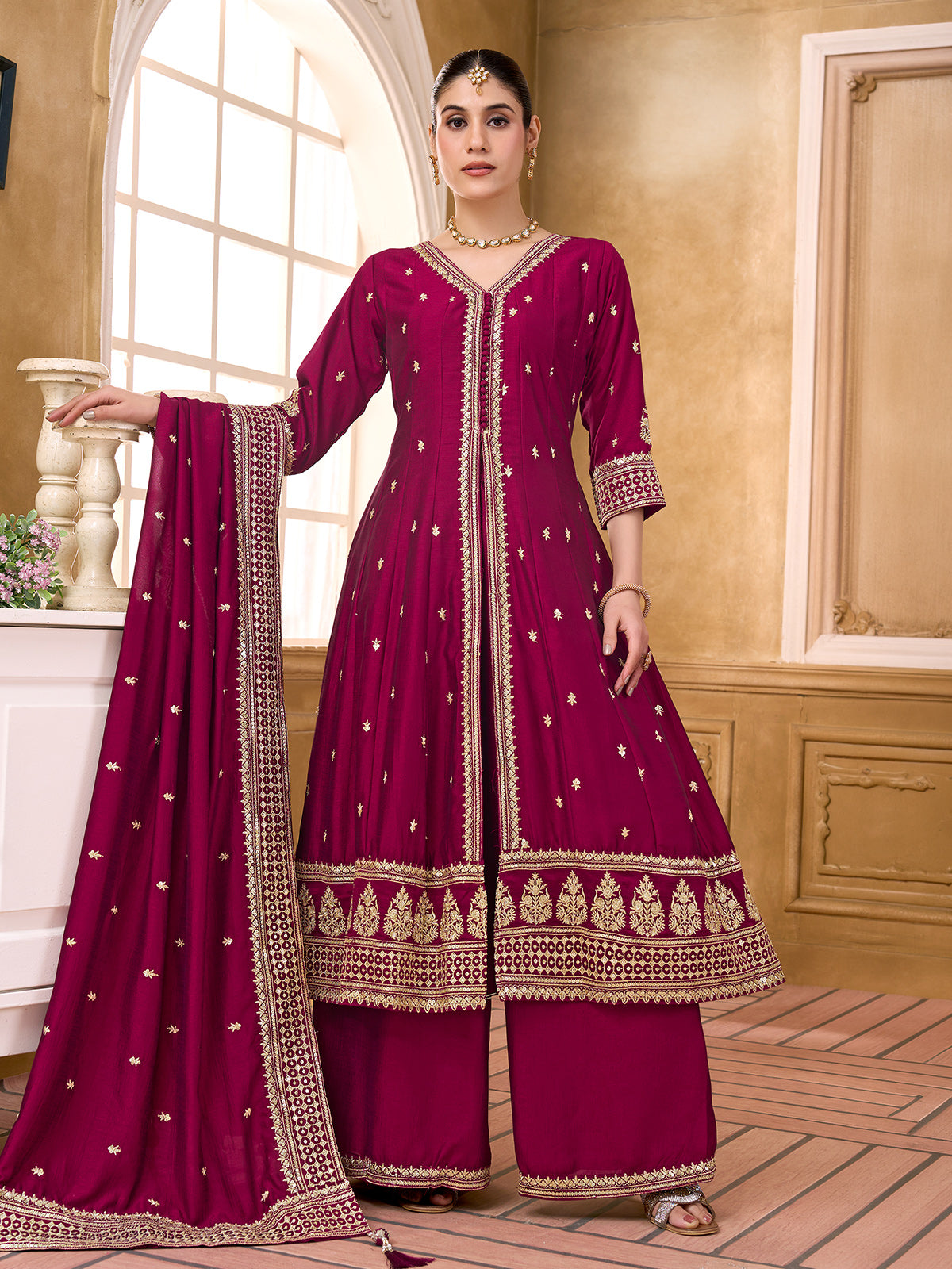 Maroon silk pakistani anarkali suit with embroidered and sequin work