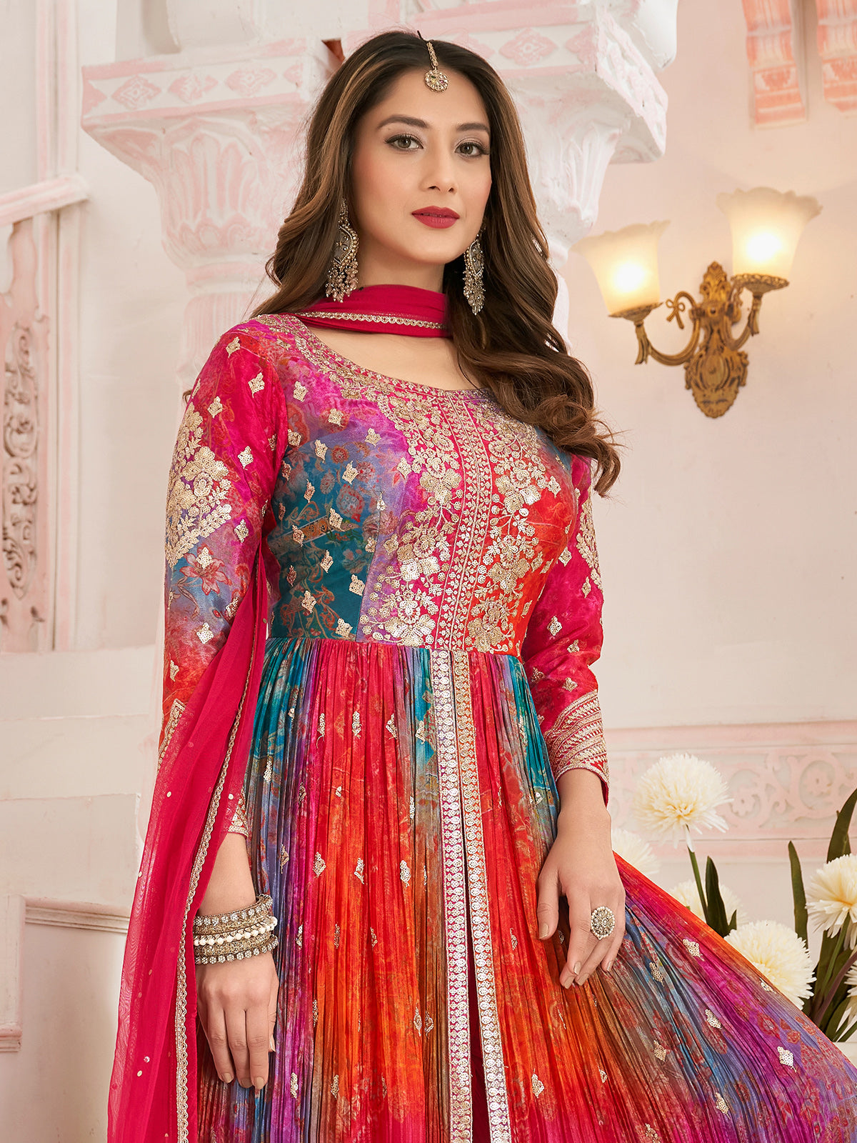 Multicolor silk printed festive anarkali suit
