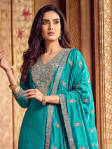 Aqua blue silk pakistani festive wear palazzo suit with dupatta