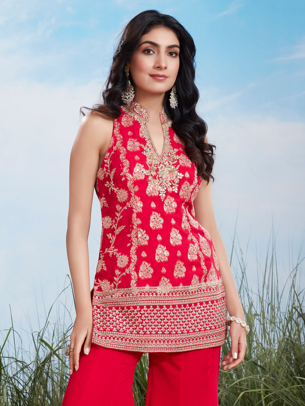 Magenta silver silk high neck palazzo suit