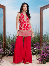 Magenta silver silk high neck palazzo suit
