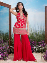 Magenta silver silk high neck palazzo suit