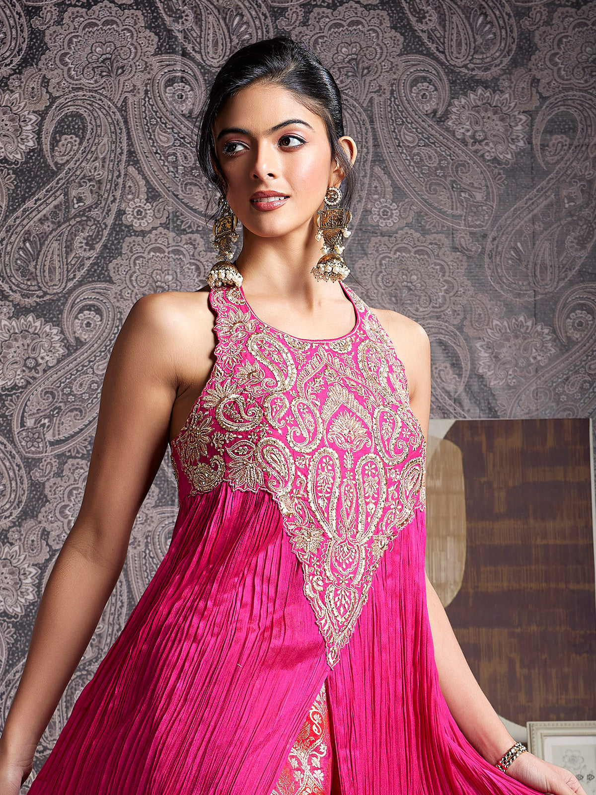 Rani pink silk embellished festive wear palazzo suit