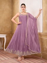 Lavender purple chiffon tissue silk anarkali suit with stone embellishments