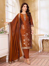 Rust brown silk straight cut salwar suit with zardosi detailing