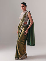 Pastel olive chiffon silk ready to wear saree for wedding celebration