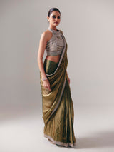 Pastel olive chiffon silk ready to wear saree for wedding celebration