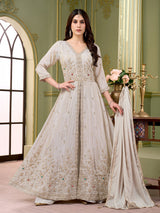 Cream silk anarkali salwar suit with embroidered butti work