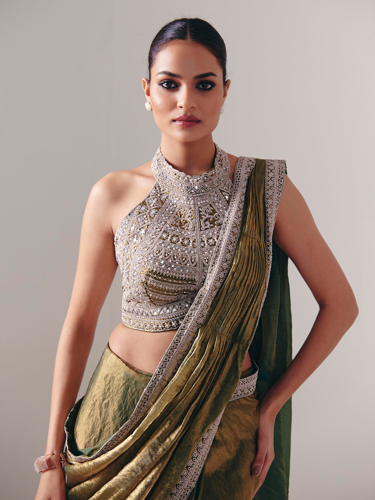 Pastel olive chiffon silk ready to wear saree for wedding celebration