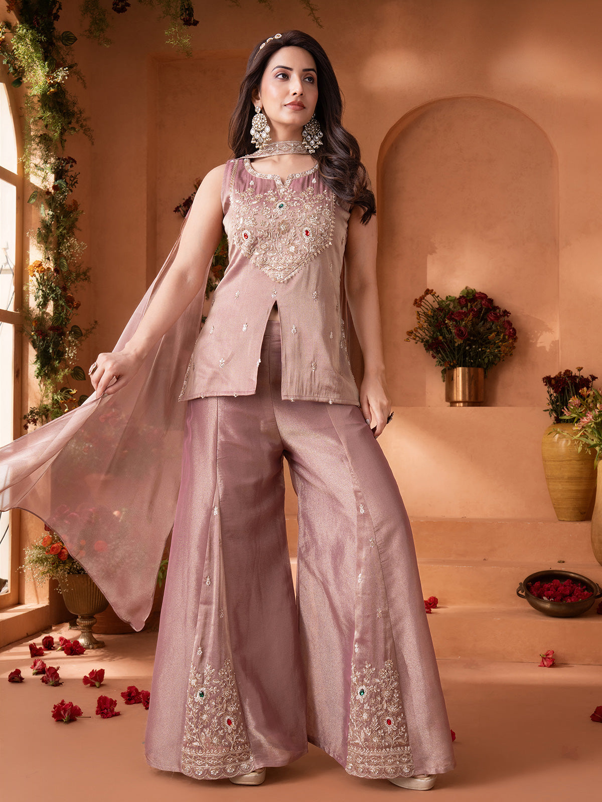 Pastel onion pink tissue silk pakistani suit with embellished yoke